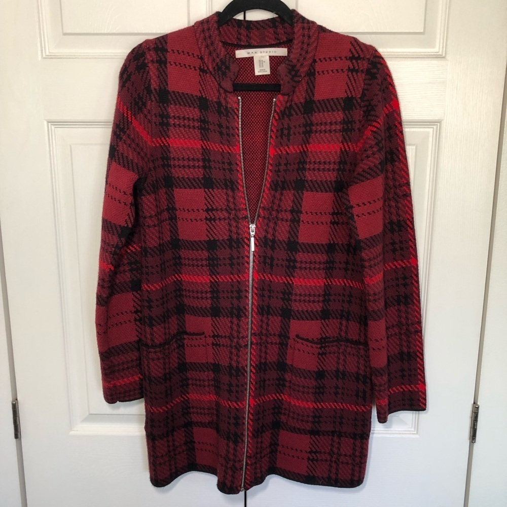 Max Studio Red and Black Plaid Sweater Size M